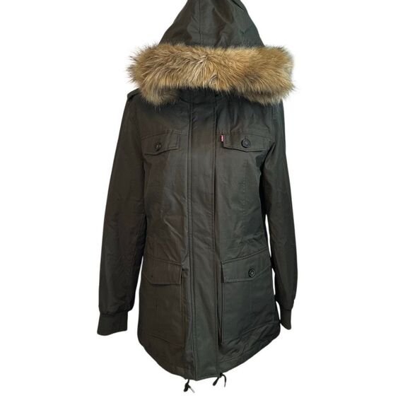 Levi’s Hunter Green Faux Fur Hooded Drawstring Waist Parka Barn Coat M - Picture 1 of 14